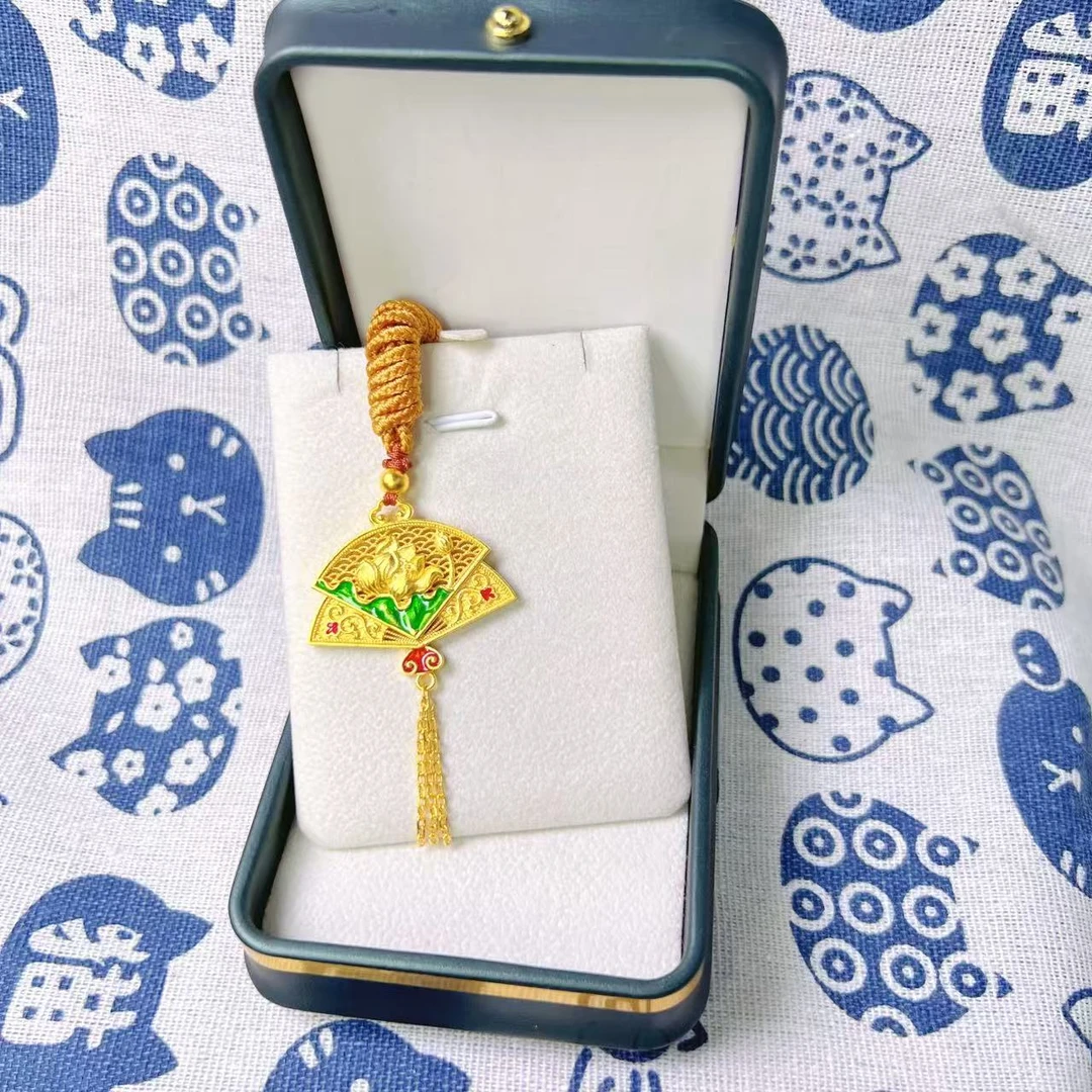 金御缘0工费古法足金999.9莲花扇子吊坠烧蓝时尚百搭经典素款项坠