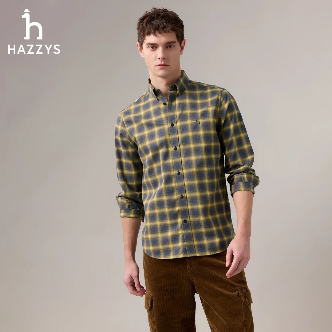 【商场同款】HAZZYS哈吉斯秋冬季长袖衬衫厚款时尚休闲舒适格纹衬衣