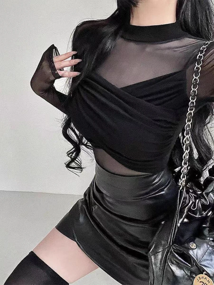 珊珊家大码纯欲性感修身显瘦网纱拼接交叉褶皱打底长袖T恤上衣