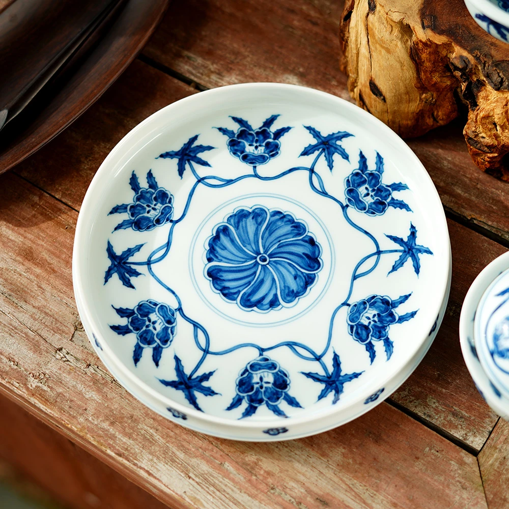 景德镇手工手绘复古青花萱草花壶承