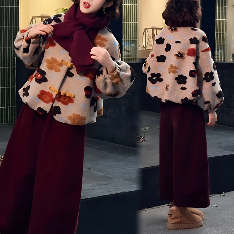 2025新款时尚洋气韩版气质宽松复古毛呢加绒冬季套装加厚