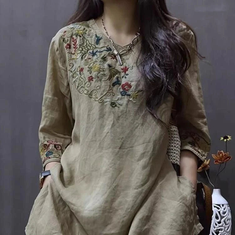 大码女装连衣裙2025夏季新款苎重工刺绣上衣中长款开叉恤