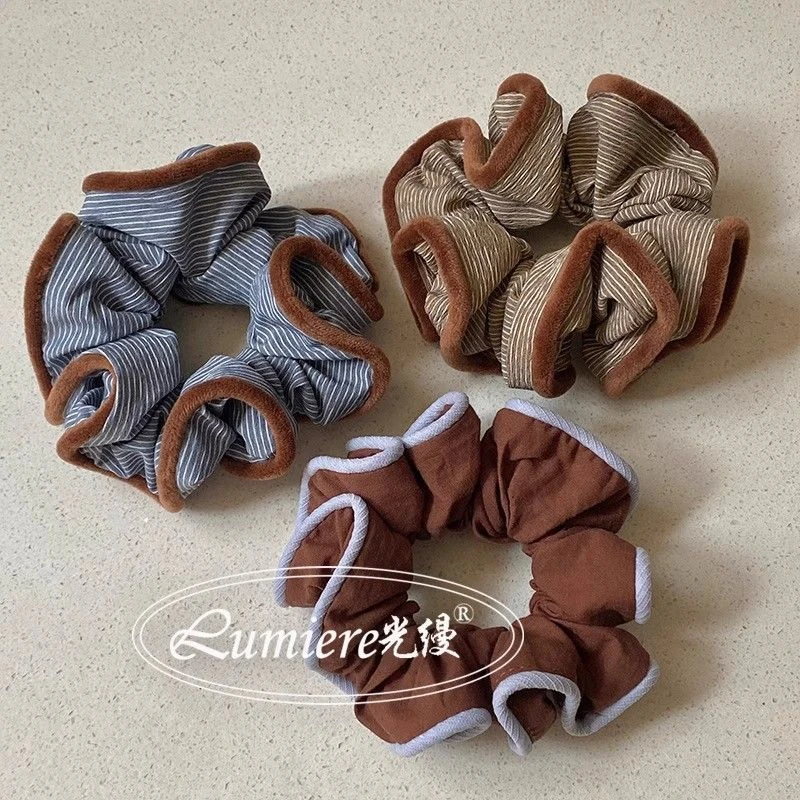 韩国东大门新款条纹丝绒拷边大肠发圈日常通勤小众时尚气质头绳女