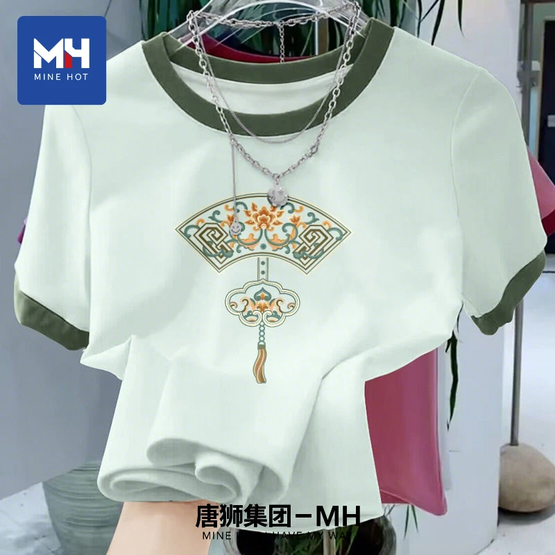 唐狮集团MH纯棉短袖t恤女2025夏季中国风撞色宽松正肩新中式上衣