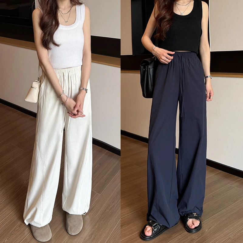 （原纱防晒工装裤女）夏季新品高腰薄款宽松显瘦抽绳束脚两穿直筒裤