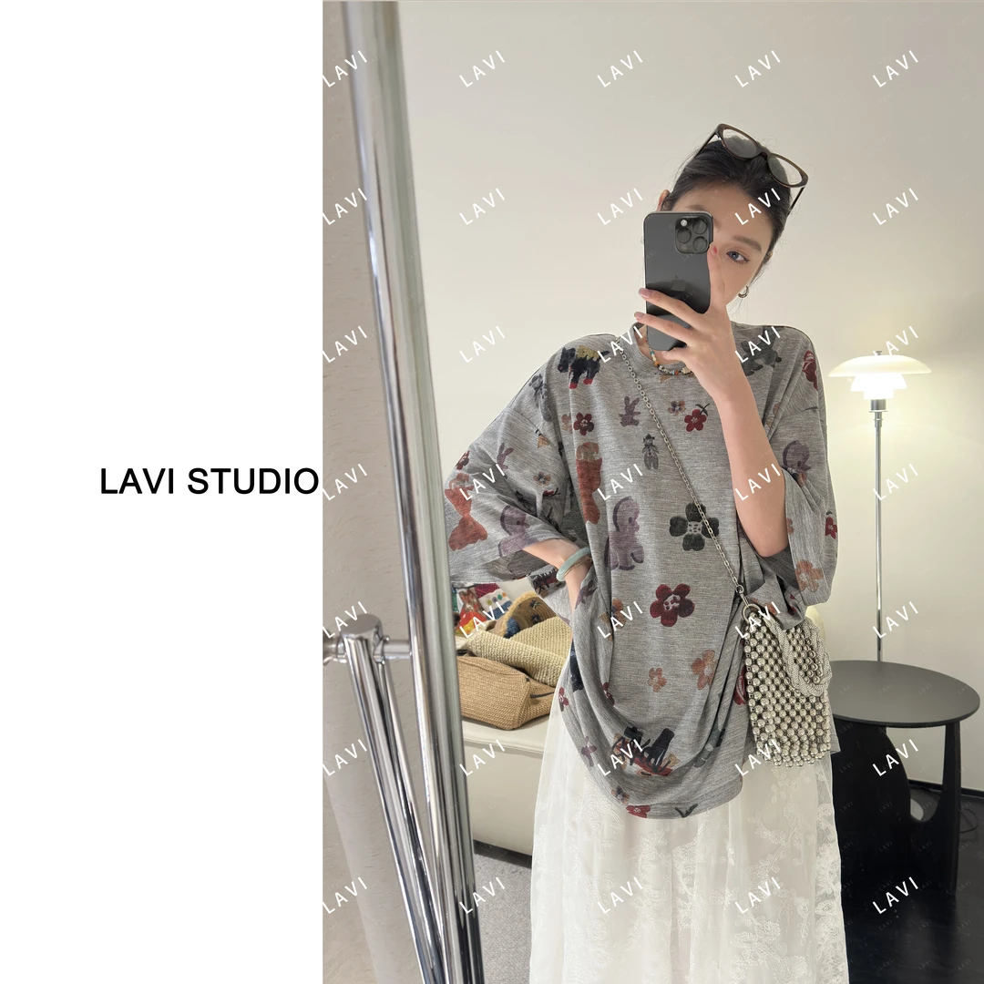 玩偶屋 时尚宽松印花设计师休闲大版T恤K50001