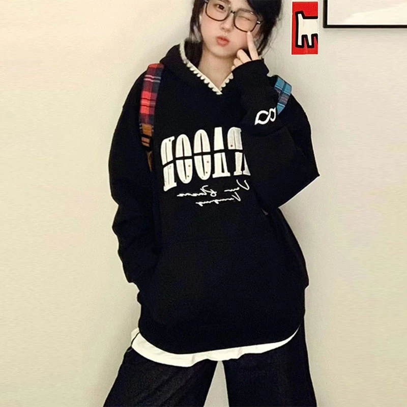 小众穿搭~美式chic字母贴布绣连帽卫衣女秋冬季宽松加绒加厚外套