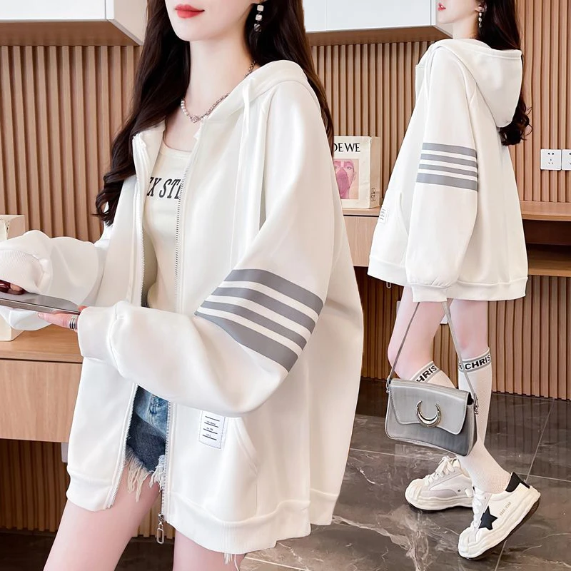 大码设计感连帽薄款拉链卫衣女春秋新款韩版宽松百搭休闲开衫外套