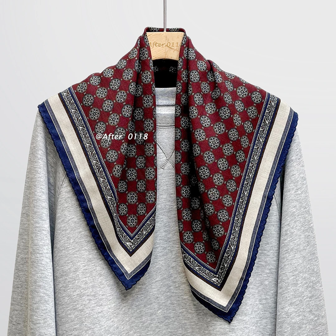 After【宫廷红墙】气质复古纹百搭100绵羊毛中方巾桑蚕丝围巾丝巾女