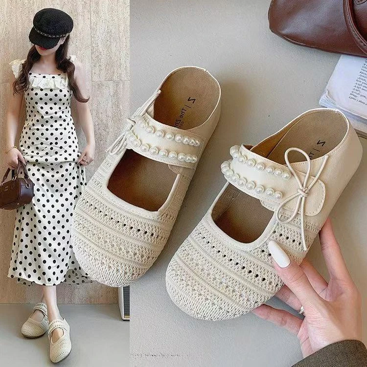 蝴蝶结珍珠包头厚底增高时尚懒人编织透气包头半拖凉鞋966