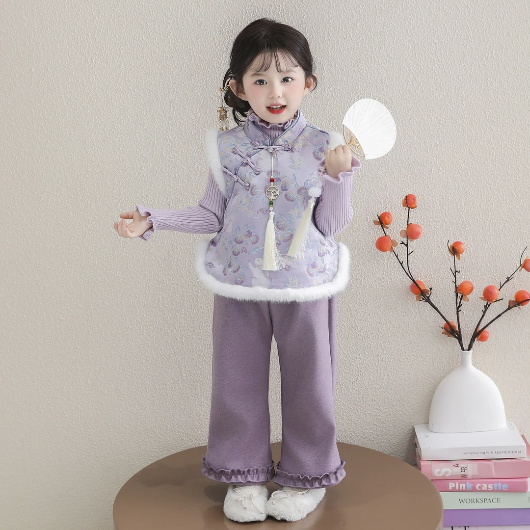 女童汉服套装宝宝秋冬加绒加厚洋气国风唐装儿童新中式马甲两件套