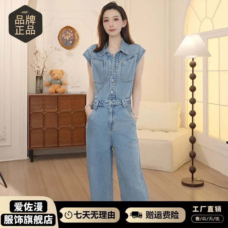 美式复古时尚工装无袖牛仔连体裤女2025年夏季新款显瘦高腰裤子潮