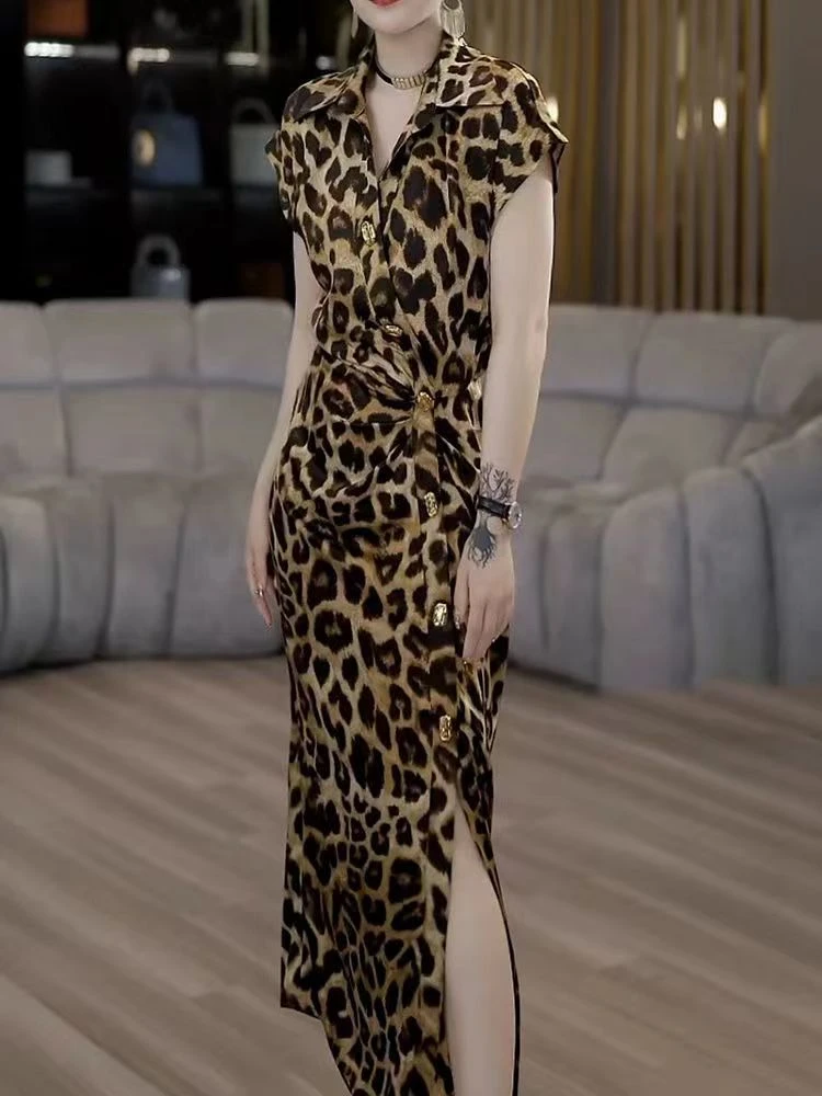 高档轻奢豹纹印花松紧腰连衣裙季新款洋气侧开叉显瘦包臀裙