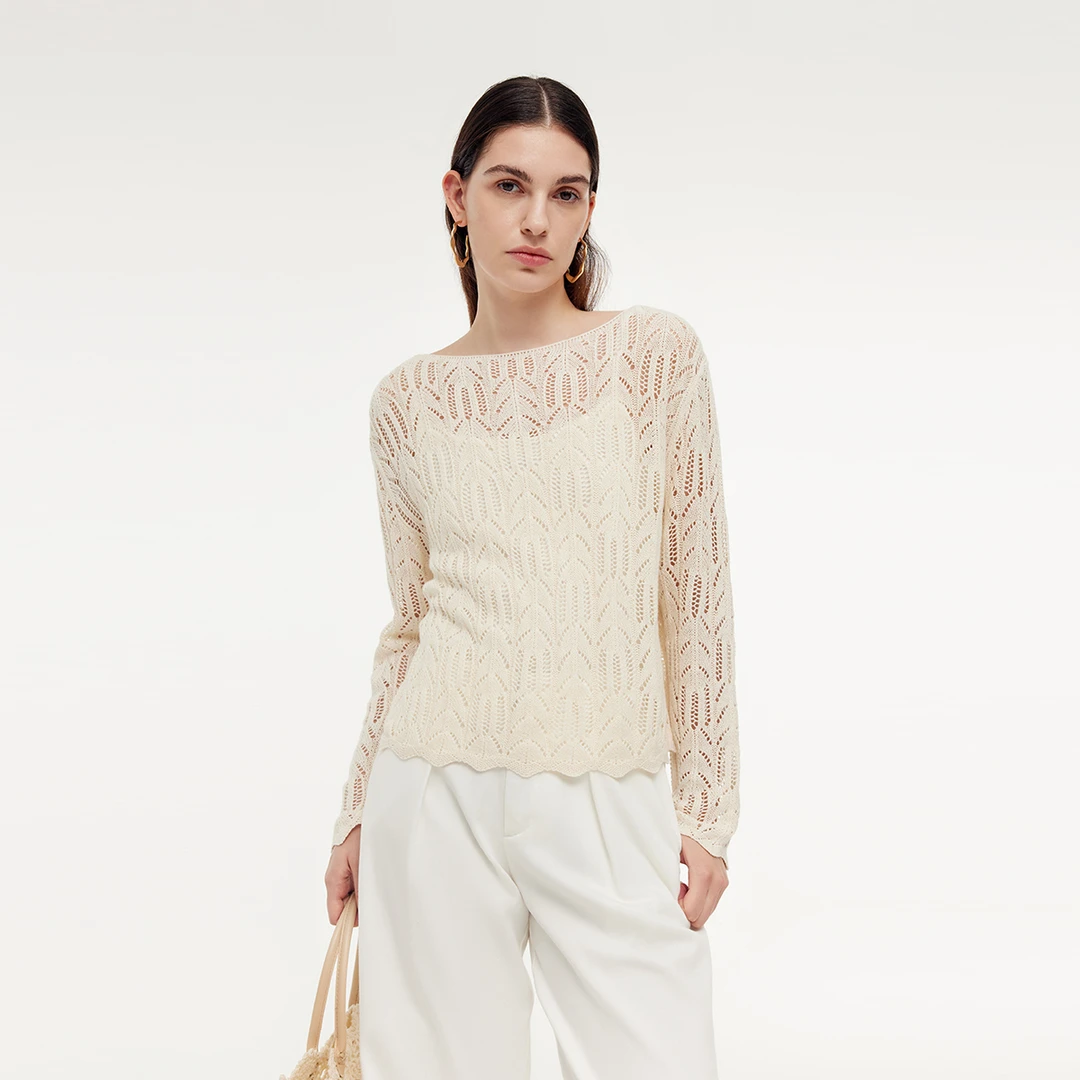 【商场同款】歌莉娅亚麻镂空套头衫米色打底衫1E3C5J090
