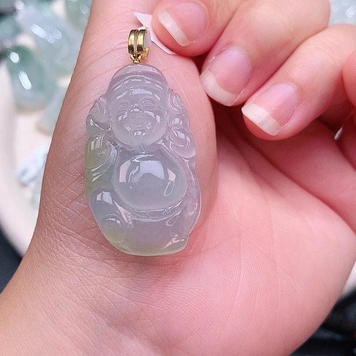 翡翠18K金镶嵌颈饰冰胶飘黄财神爷37-21-6.1