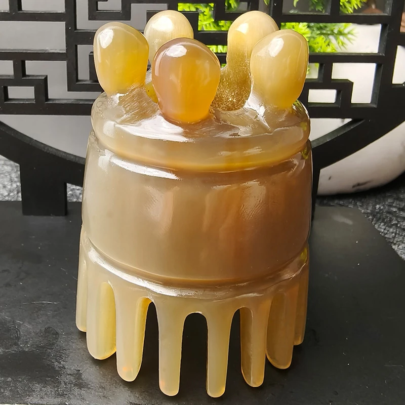 牛角按摩梳皇冠头疗梳圆筒梳头部头皮经络刷洗头梳手工水滴齿梳子