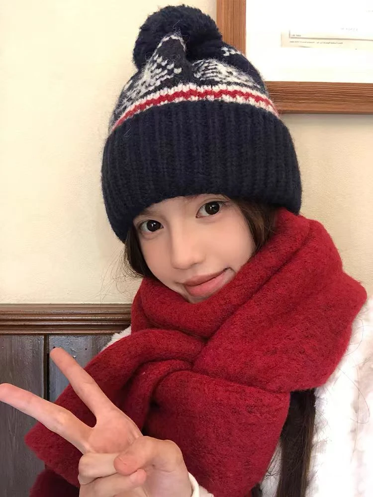 复古费尔岛帽子女秋冬百搭显脸小毛线帽保暖护耳帽冷帽针织包头帽