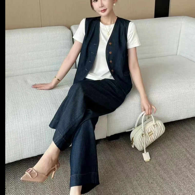 修身型简约风套装夏季阔腿长裤百搭马夹复古显瘦休闲无袖网红减龄