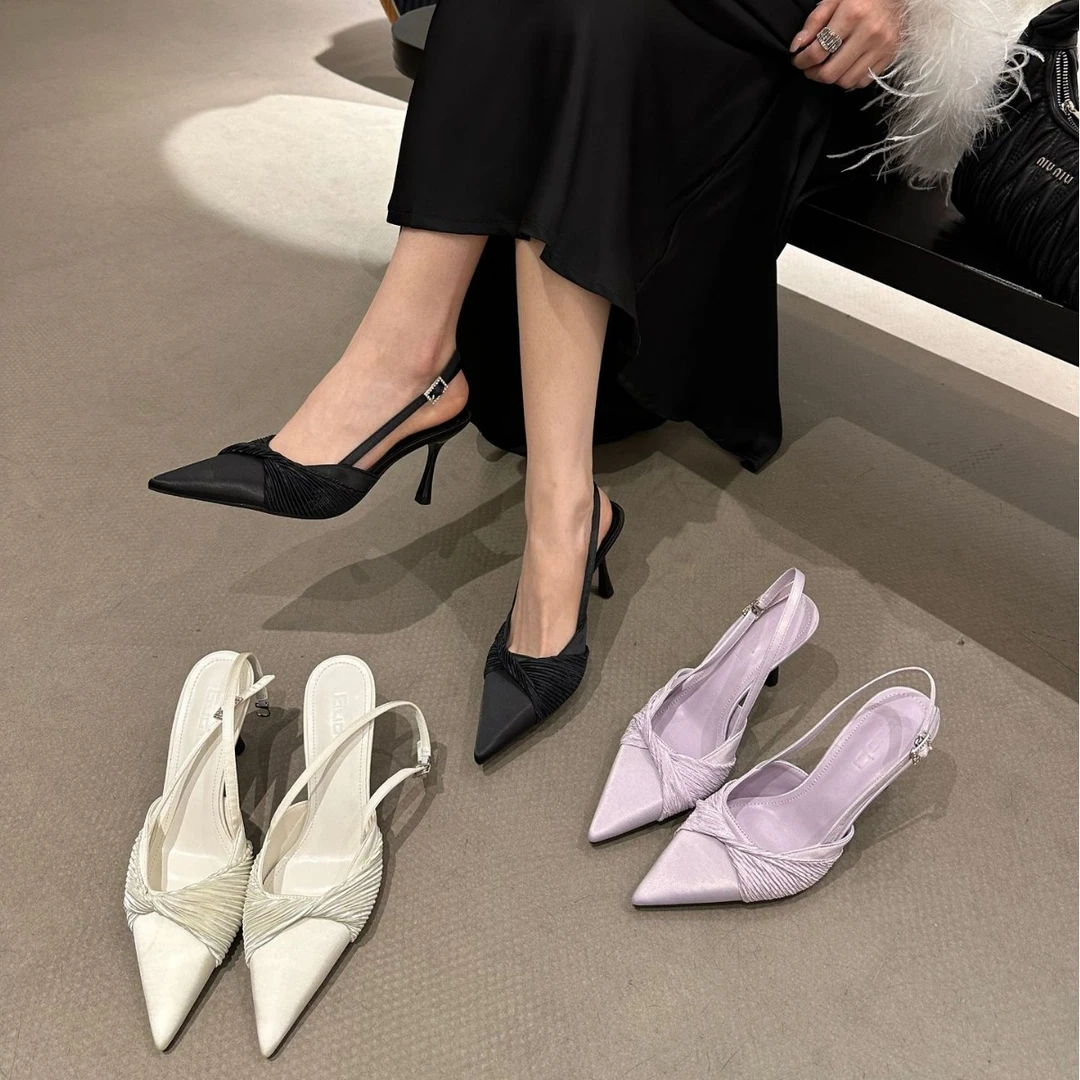 法式皱褶高跟鞋女2025春夏季新款后空细跟浅口凉鞋气质名媛风单鞋