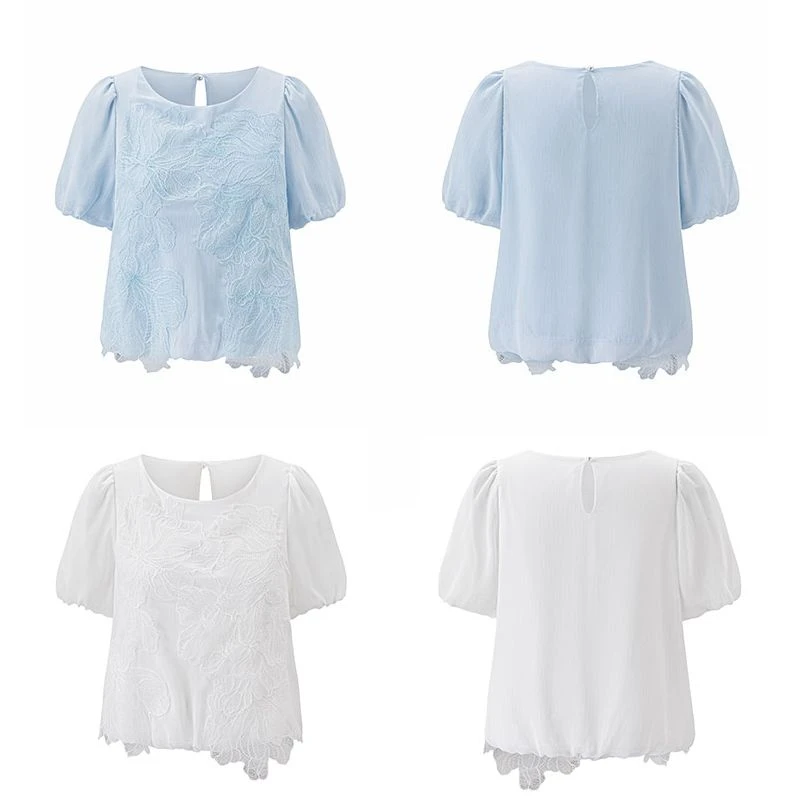 【雪娇定制】2025夏季气质宽松蕾丝花卉圆领短袖小衫