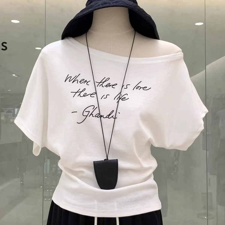 【帝韵】夏季辣妹斜肩宽松短袖T恤女印花短款露肩一字肩纯欲风上衣