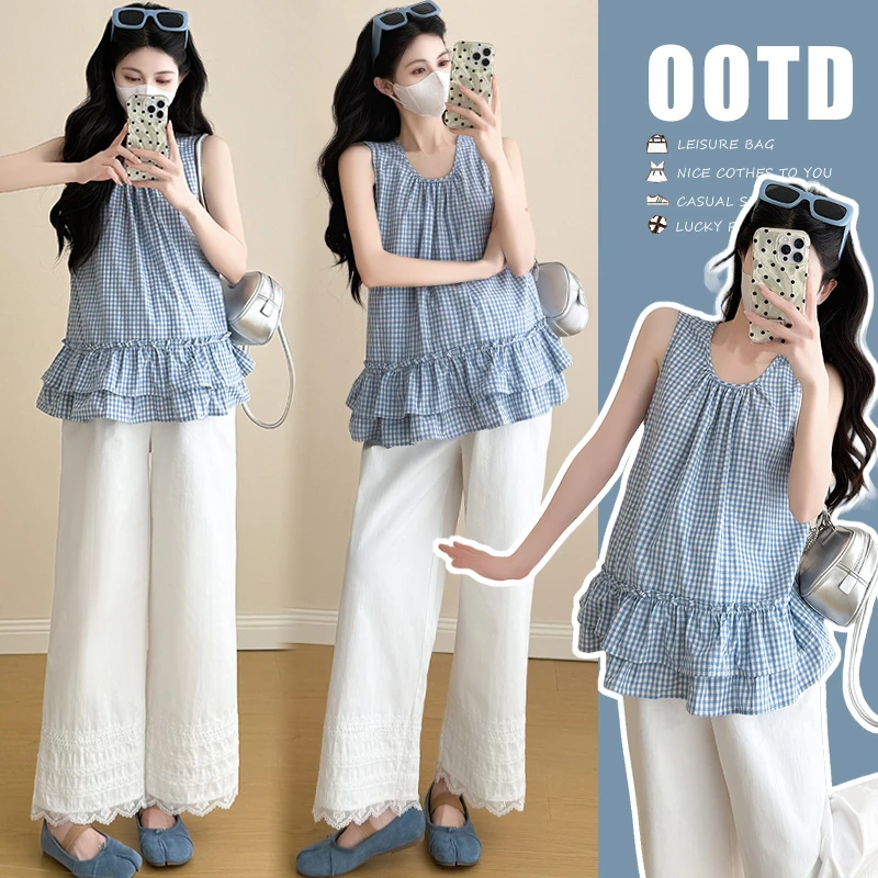 孕妇套装2025夏季甜美格子背心夏季无袖上衣+裤子两件套孕妇套装