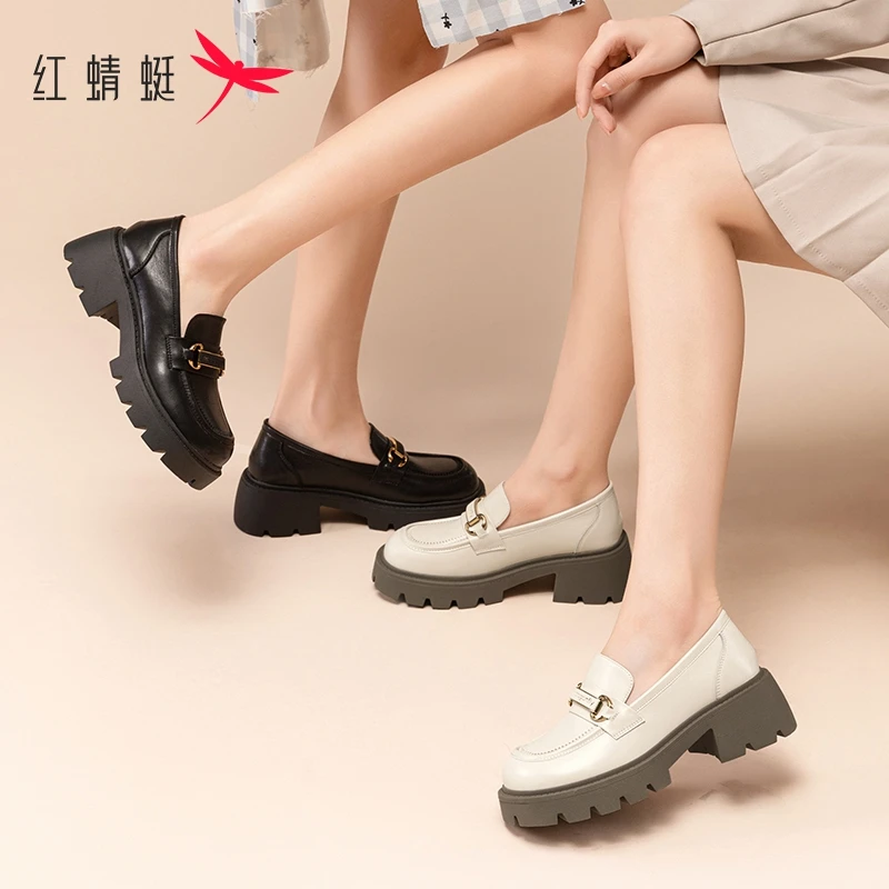 REDDRAGONFLY/红蜻蜓英伦春季新款女鞋单鞋厚底增高系带乐福鞋