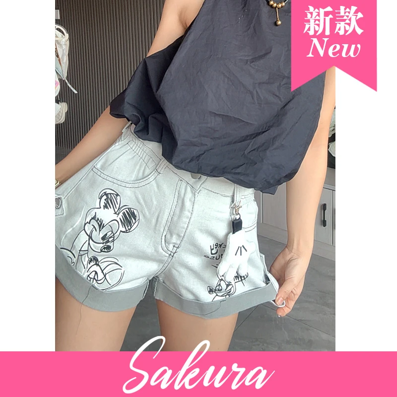 2025新款卡通印花Mickey灰白撞色卷边工装裤潮流热裤牛仔短裤