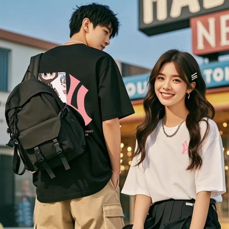 夏季纯棉圆领短袖落肩袖日常印花T恤学生情侣男士简约休闲