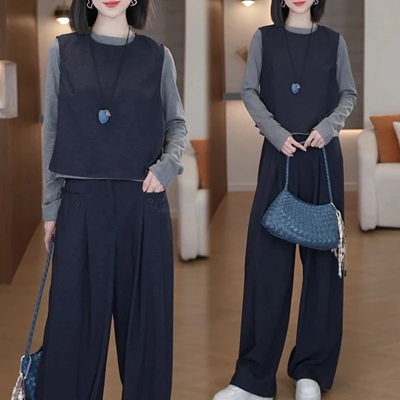 韩系设计感马甲阔腿裤套装女2025早秋新款穿搭潮流通勤风三件套