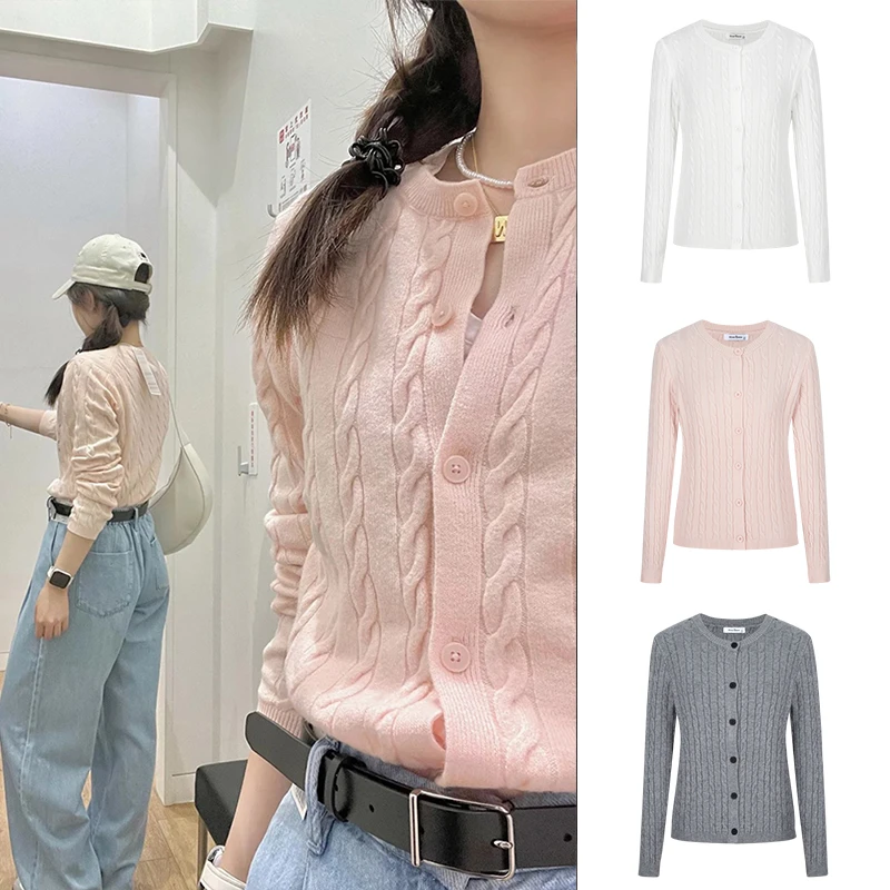 Moses Queen/魔西女王慵懒感麻花针织开衫女春秋百搭圆领毛衣外套