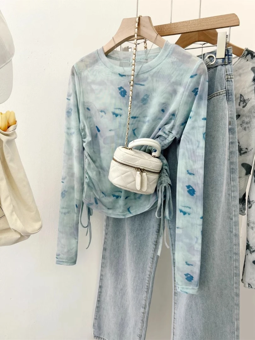 印花防晒扎染短款圆领长袖T恤时尚网红春夏休闲灰绿色女士