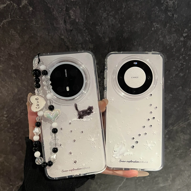冬日可爱踏雪猫咪狗狗适用华为mate80promax手机壳mate60pro+链条
