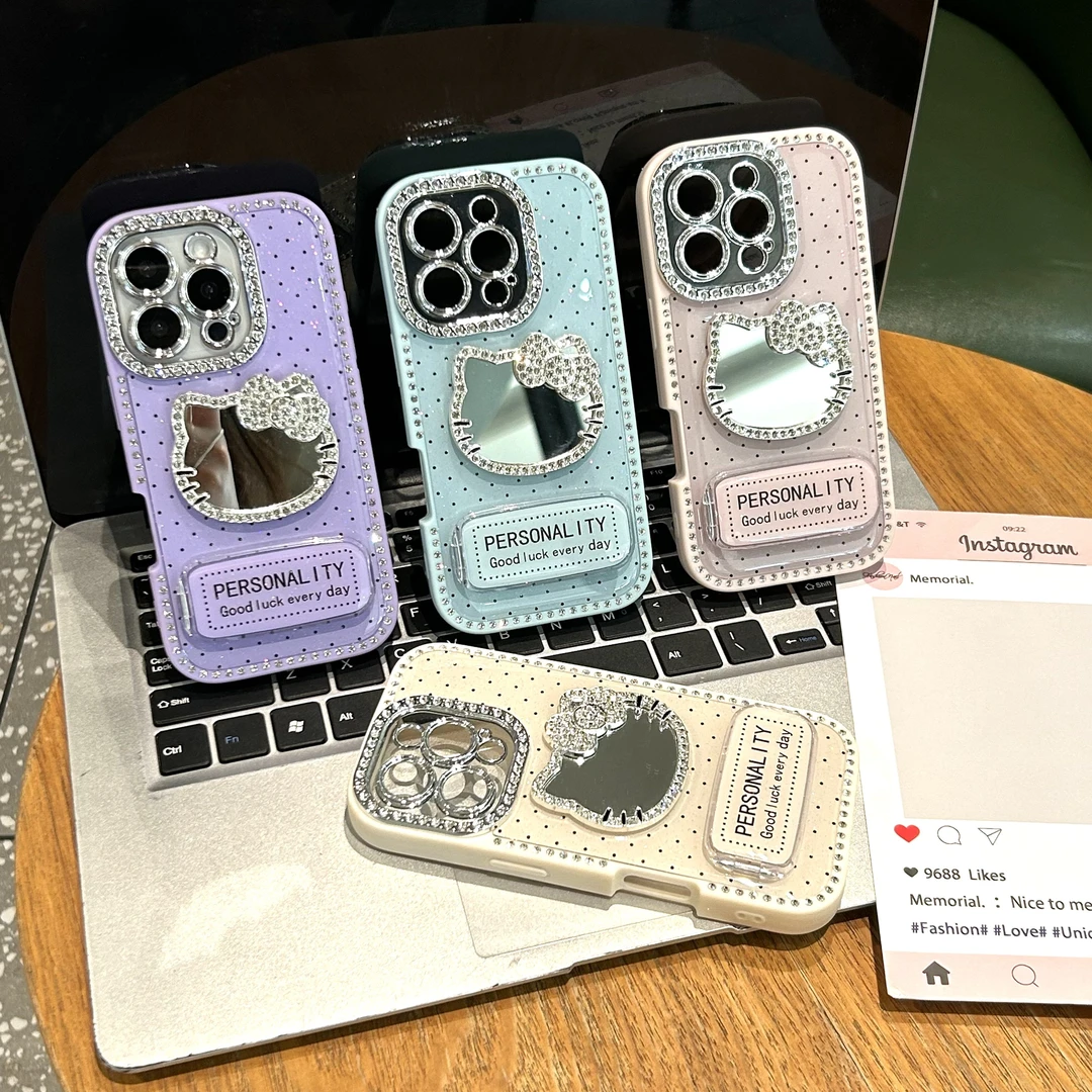 全包边镶钻立体化妆镜KT猫镜面支架适用于iPhone16max手机壳15