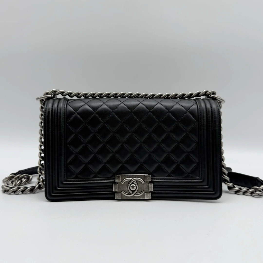 95新 Chanel/香奈儿 黑银菱格中号  Leboy 单肩斜挎链条包 99813