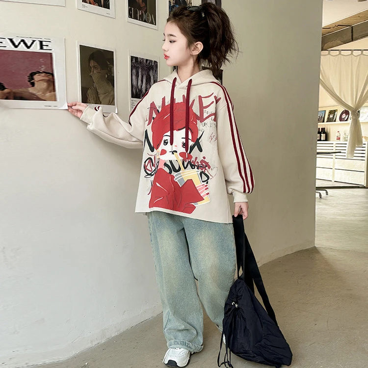 女童套装春秋2025新款儿童洋气大童装印花卫衣女孩休闲牛仔阔腿裤