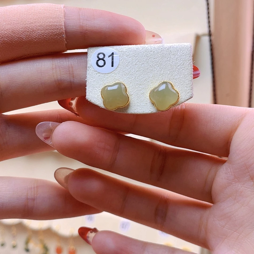 和田玉耳饰银S925镀金镶嵌