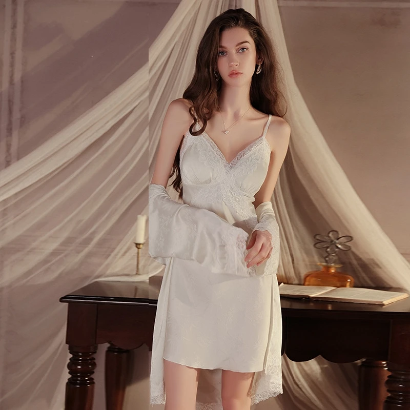 冰丝性感睡衣女加胸垫蕾丝慵懒风吊带睡裙外袍睡袍家居两件套套装