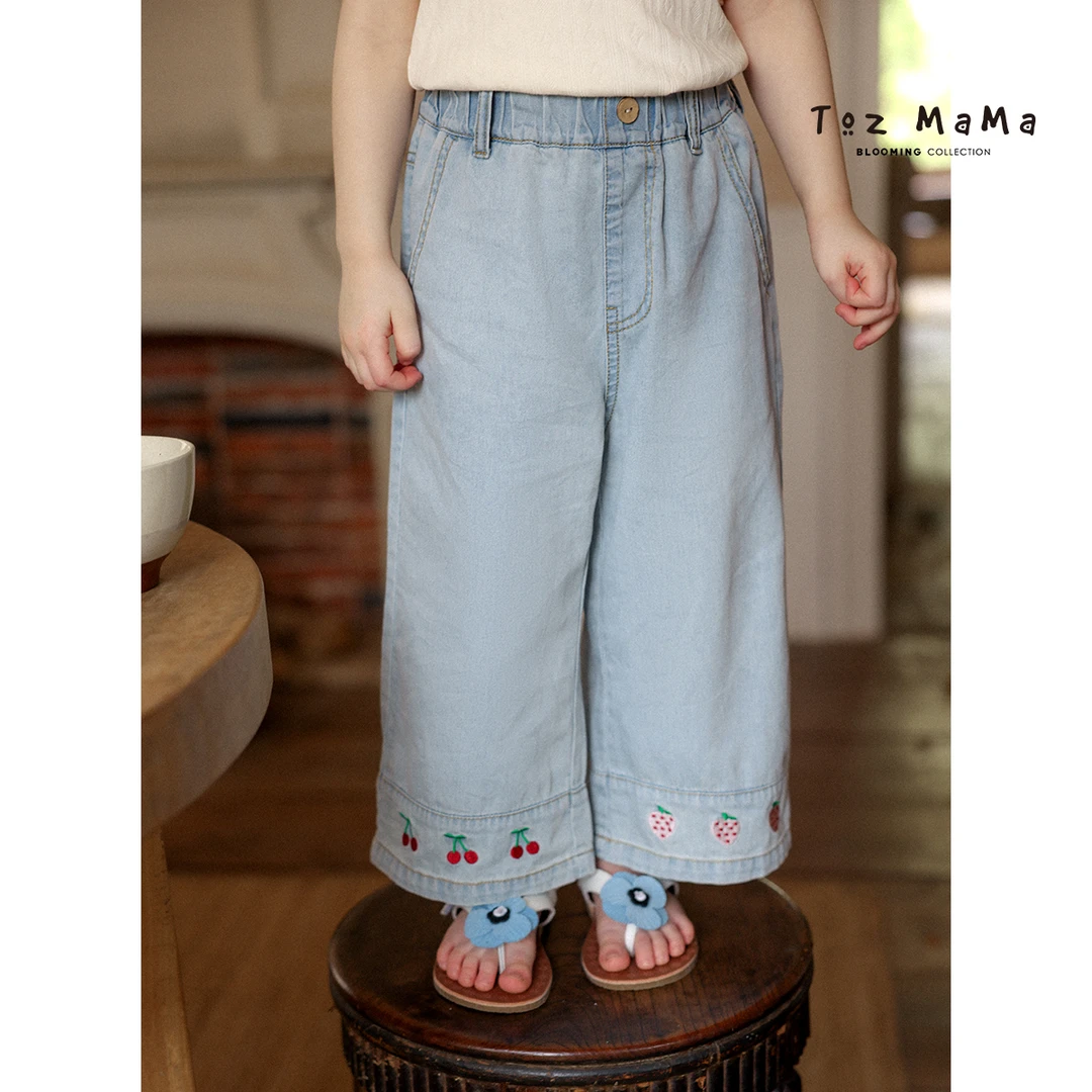 Toz Girls豆几妈5/16女童脚口绣花牛仔裤夏季直筒裤宽松休闲裤