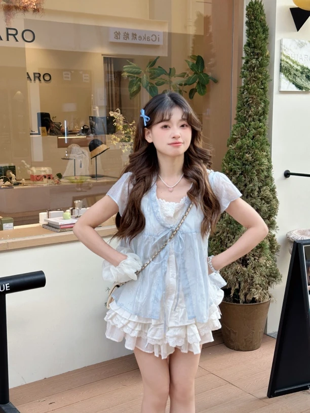 灵灵〖薄荷冰〗蓝色假两件上衣叠穿衬衣白色蛋糕裙套装女