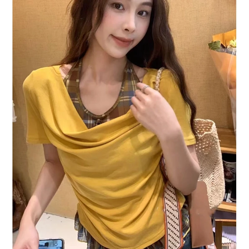 【吸睛格格】夏季甜美别致撞色拼接挂脖格纹假两件小衫 时尚上衣