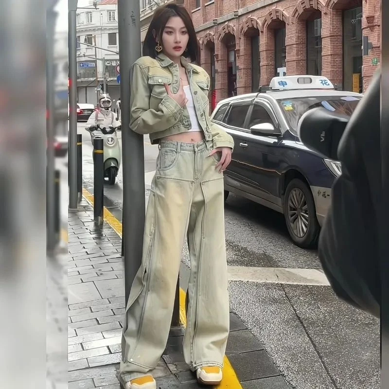 捡漏清仓女装剪标尾单原单外贸水洗做旧牛仔美式复古两件套套装