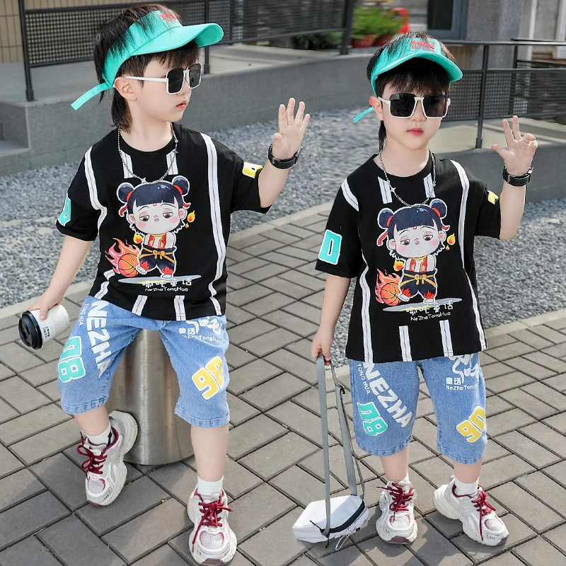 男夏季卡通动漫薄款男童短裤哪吒套装网红洋气时髦夏装童装休闲