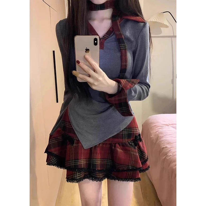 美式甜辣妹格子连衣裙女秋冬2025新款学院风内搭公主蓬蓬短裙套装