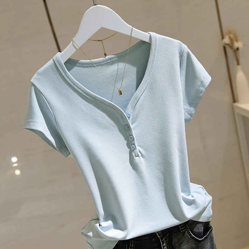 v领纽扣正肩短袖T恤女2025夏季新款百搭修身显瘦内搭打底体恤上衣