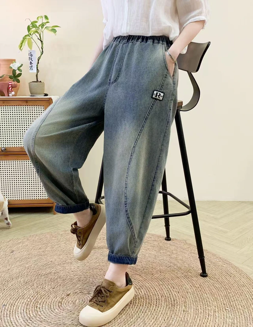 夏季轻薄透气做旧复古宽松大码牛仔裤女休闲哈伦裤八分裤萝卜裤