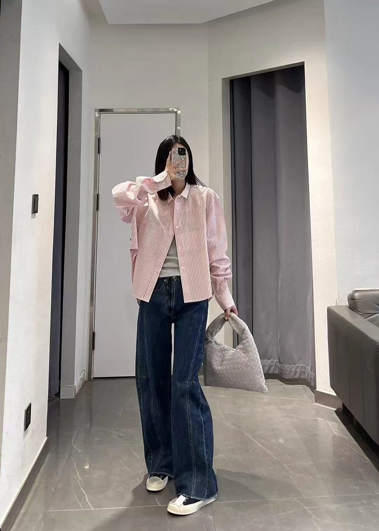 F3394新款斜线分割阔腿牛仔裤