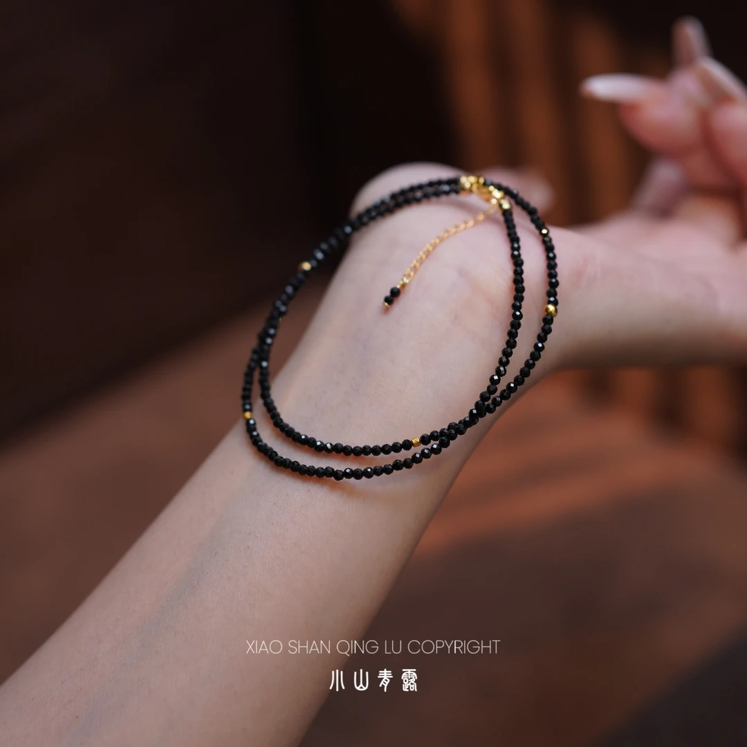 【W1309】黑碧玺精致款项链 S925银镀金镶嵌 长度40+3cm 珠子2-3mm