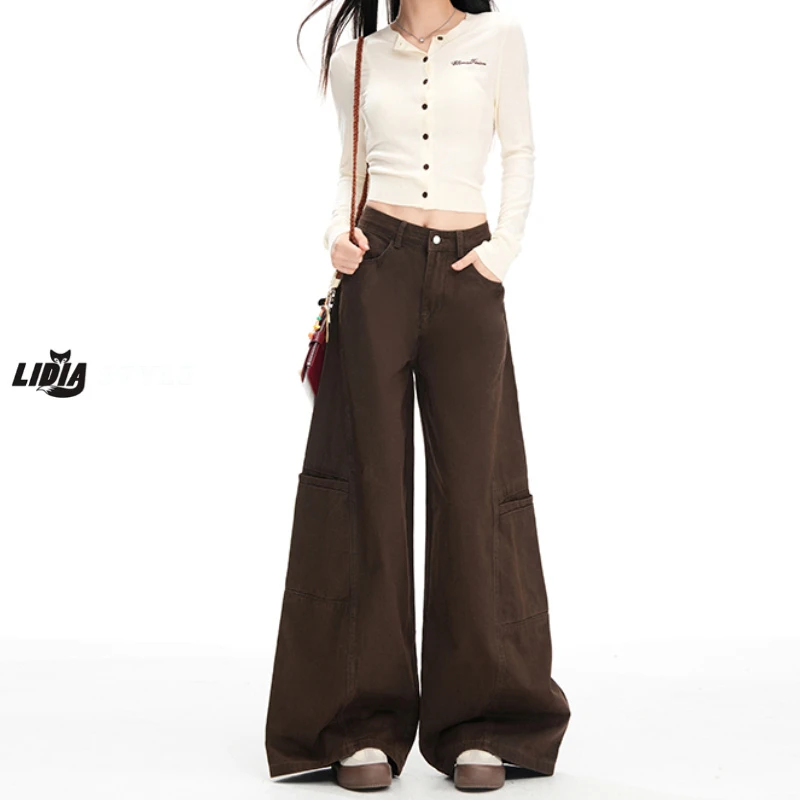 美式咖色工装阔腿牛仔裤女2025秋装新款高腰显瘦宽松户外登山裤子