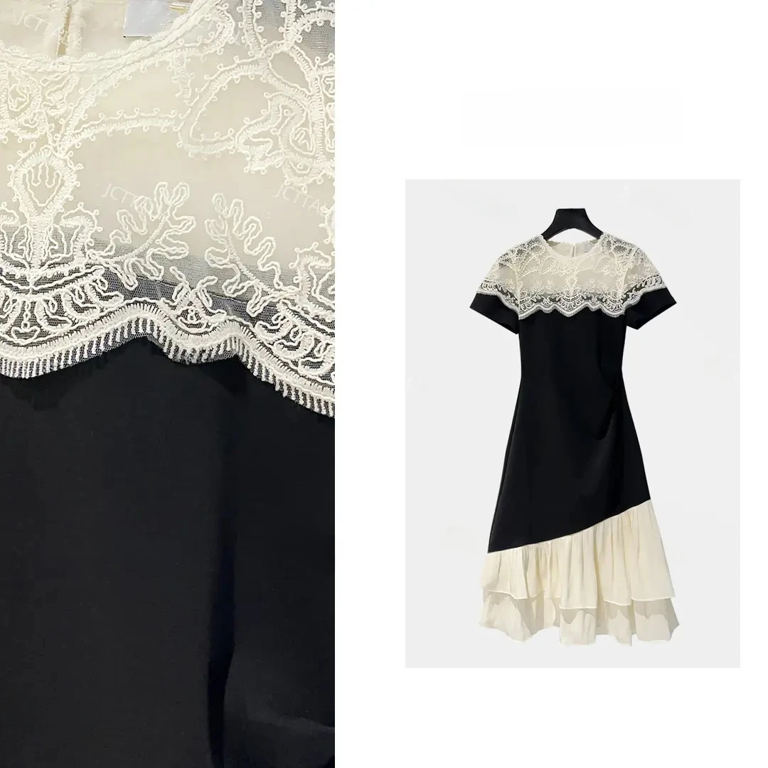法式蕾丝开叉洋气收腰遮肉短袖气质连衣裙